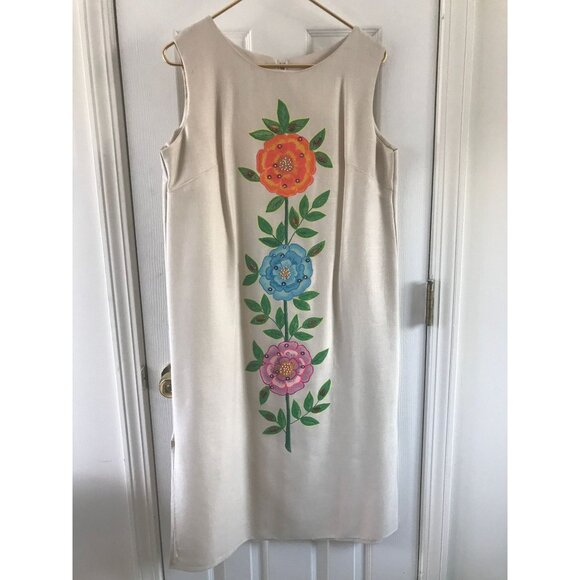 Vtg Orange Blue Pink Floral Beige Dress Sleeveless Sheath White Pearl Beads - Picture 10 of 10